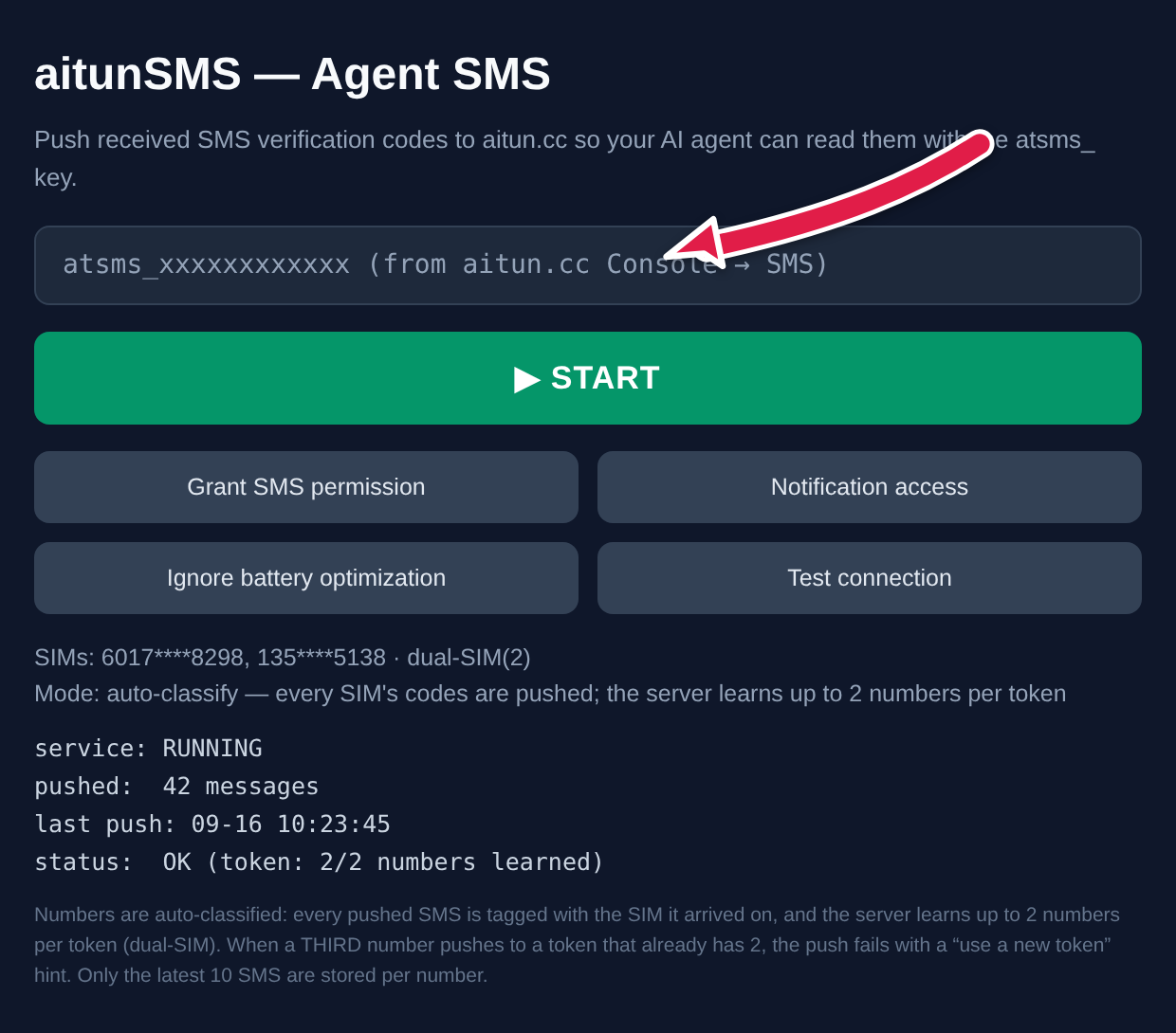 aitunSMS Android app — paste the atsms_ key into the token field at the top and press the green START button